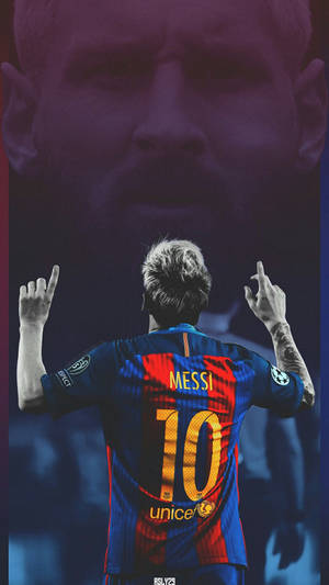 King Lionel Messi, Three-time Ballon D'or Winner, Points To The Skies Wallpaper