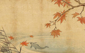 Koi In Autumn Japanese Art Wallpaper