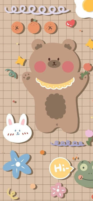 Korean Bear On Brown Grid Wallpaper