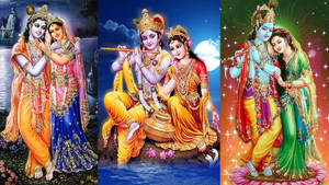 Krishna Bhagwan And Radha Three Couple Pictures Wallpaper