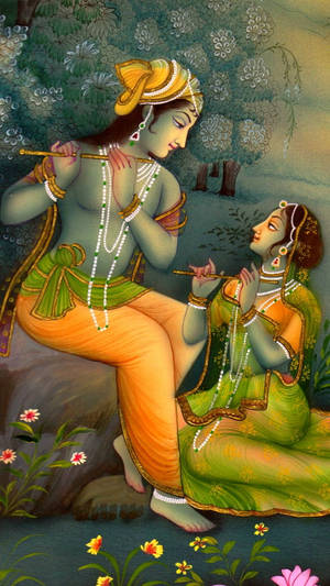 Krishna Iphone Playing Bansuri Together Wallpaper