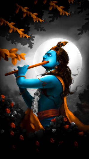 Krishna Ji Playing Flute At Night Wallpaper