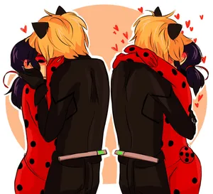 Ladybug And Cat Noir Kiss Mirrored Art Wallpaper