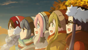 Laid Back Camp Cast Watching Sunset Wallpaper