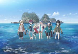 Laid Back Camp Characters Island Trip Wallpaper