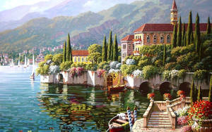 Lake View Painting With Mansion Wallpaper
