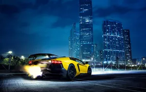 Lamborghini Aventador Exhaust Flames Night Cityscape Wallpaper