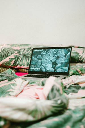 Laptop On Leaf Designed Bed Wallpaper