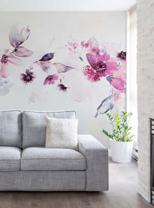 Lavender Watercolor Floral With White Sofa Wallpaper