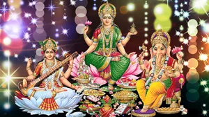 Laxmi Ganesh Saraswat Colorful Lights Wallpaper