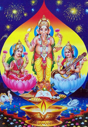 Laxmi Ganesh Saraswati Fireworks Art Wallpaper