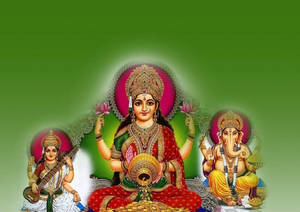 Laxmi Ganesh Saraswati Green Background Wallpaper
