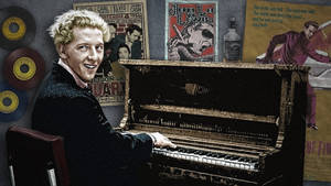 Legendary Rock N Roll Musician Jerry Lee Lewis With His Iconic Vinyl Collection Wallpaper