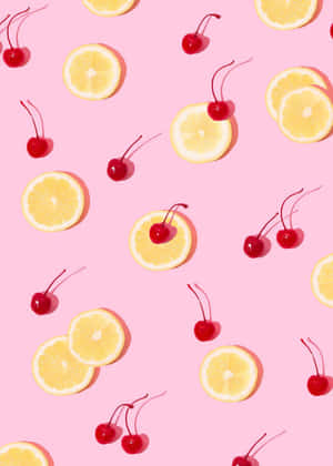 Lemonand Cherries Patternon Pink Wallpaper