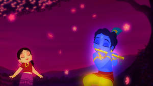 Little Krishna Hd Glowing Radha Pink Aesthetic Wallpaper