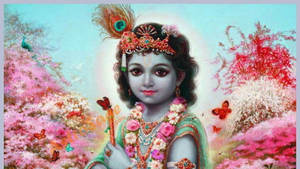 Little Krishna In Pink Aesthetic Garden Hd Wallpaper Wallpaper