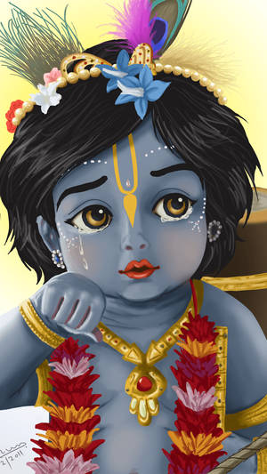 Little Krishna With Floral Necklace Wallpaper