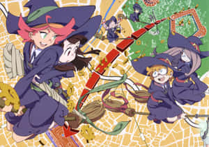 Little Witch Academia Characters Flying Over Map Wallpaper