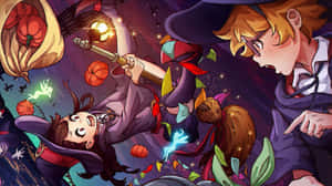 Little Witch Academia Characters With Pumpkins Wallpaper