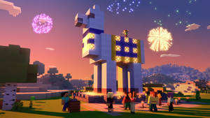 Llama Statue And Fireworks Minecraft Hd Wallpaper
