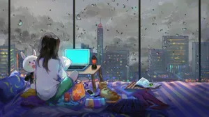 Lo Fi Anime Chill Girl Studying In Bedroom Wallpaper