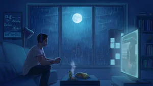 Lo Fi Anime Chill Man Watching Movie On Television Wallpaper