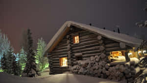 Log Cabin Covered In Snow Wallpaper