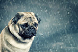 Lonely Pug Under The Rain Wallpaper