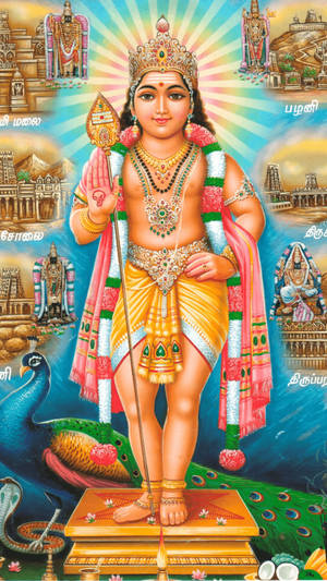 Lord Murugan 4k Surrounded By Temples Wallpaper
