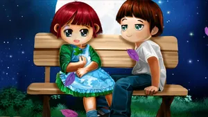 Love Cartoon Bench Couple Wallpaper