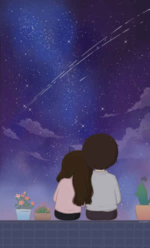 Lovely Anime Cartoon Couple In Night Sky Wallpaper