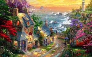 Lovely Houses Near Sea Paint Art Wallpaper