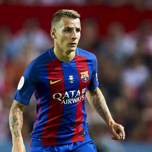 Lucas Digne Showcasing His Skills For Fc Barcelona Wallpaper