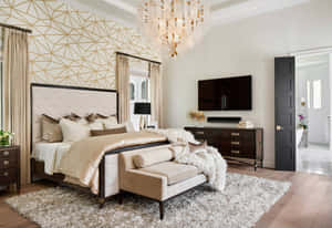 Luxurious Bed Grand Chandeliers Wallpaper