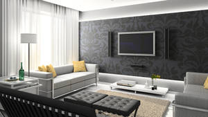 Luxurious Living Room With Black Wall Paint Art Wallpaper