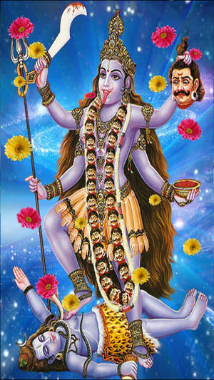 Maa Kali Shiva Blue Galaxy With Flowers Wallpaper