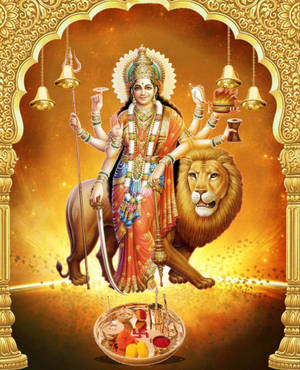 Maa Sherawali Goddess Golden Aesthetic Illustration Wallpaper