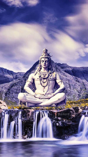 Mahadev Statue Over Falls Hd Wallpaper