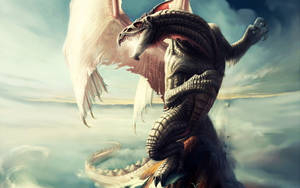 Majestic 3d Dragon Soaring Through Clouds Wallpaper