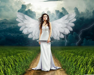 Majestic Angel With Sword In The Heavenly Sky Wallpaper