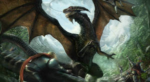 Majestic Eastern Dragon Faces Off Against Fearless Knights Wallpaper
