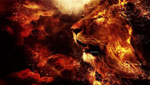 Majestic Fire Lion Amidst Red And Black Clouds Wallpaper