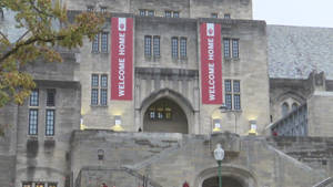 Majestic Hall With Banners At Indiana University Bloomington Wallpaper