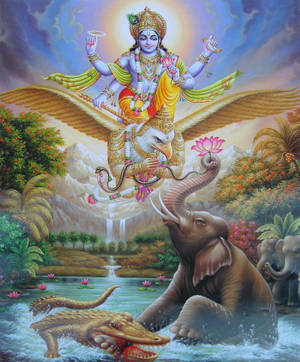 Majestic Lord Vishnu With Garuda Hd Wallpaper Wallpaper