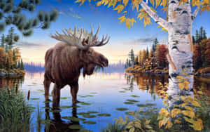 Majestic Moose Lake Side Autumn Scenery Wallpaper