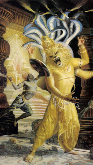 Majestic Painting Of Lord Narasimha Vanquishing Hiranyakashipu Wallpaper