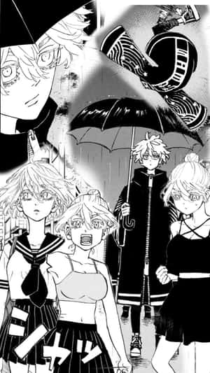 Manga Characters Under Umbrella Wallpaper