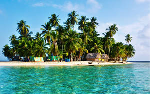 Marshall Islands Beach With Huts And Trees Wallpaper