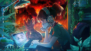 Masked Anime Girl Works On Laptop With Her Cat Wallpaper