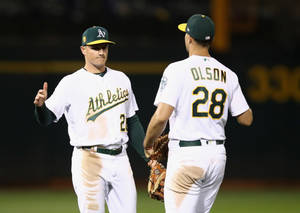 Matt Olson Greets Another Player Wallpaper